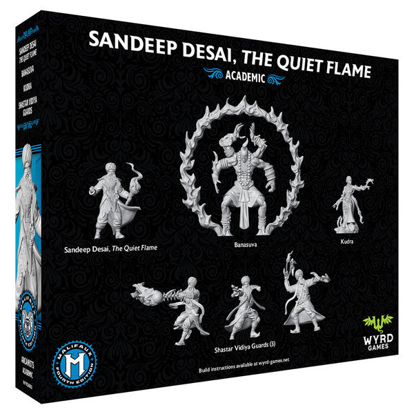 Malifaux 4th Edition: Sandeep Desai, The Quiet Flame - Black box for Malifaux 4th Edition featuring six detailed white miniature figures in dynamic poses on the front panel.