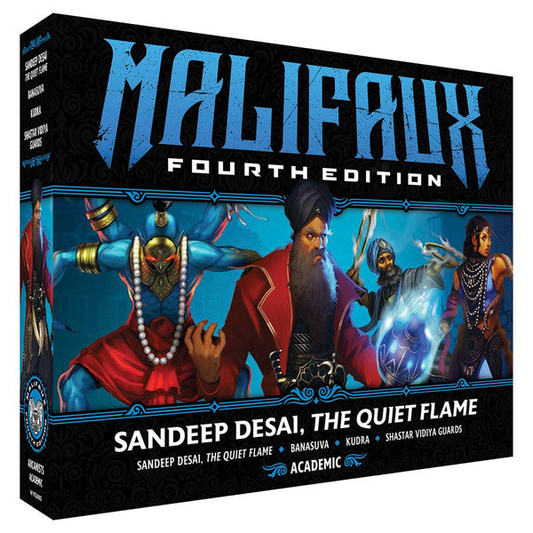 Malifaux 4th Edition: Sandeep Desai, The Quiet Flame - Malifaux Fourth Edition box featuring vibrant character art with a dark-skinned man in red and an armored figure against a.