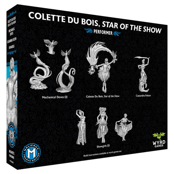 Malifaux 4th Edition: Colette Du Bois, Star of the Show (PREORDER) - Set of detailed grey resin miniatures featuring Colette Du Bois with flowing dress and staff, mechanical devices, and other.