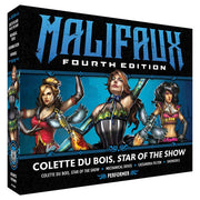 Malifaux 4th Edition: Colette Du Bois, Star of the Show (PREORDER) - Malifaux 4th Edition Colette Du Bois miniature box art featuring a female performer in a black and blue corset with blue.