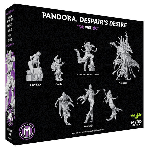 Malifaux 4th Edition: Pandora, Despair’s Desire (PREORDER) - Black box with white and purple text showing six detailed gray miniatures from Malifaux 4th Edition, featuring fantasy.