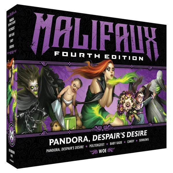 Malifaux 4th Edition: Pandora, Despair’s Desire (PREORDER) - Black game box with purple Malifaux Fourth Edition logo and artwork of fantasy characters in green and earthy tones.