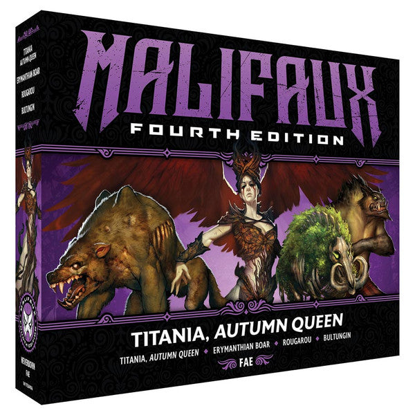 Malifaux 4th Edition: Titania, Autumn Queen (PREORDER) - Malifaux Fourth Edition box featuring Titania, Autumn Queen miniature with a dark purple and black color scheme and fantasy.