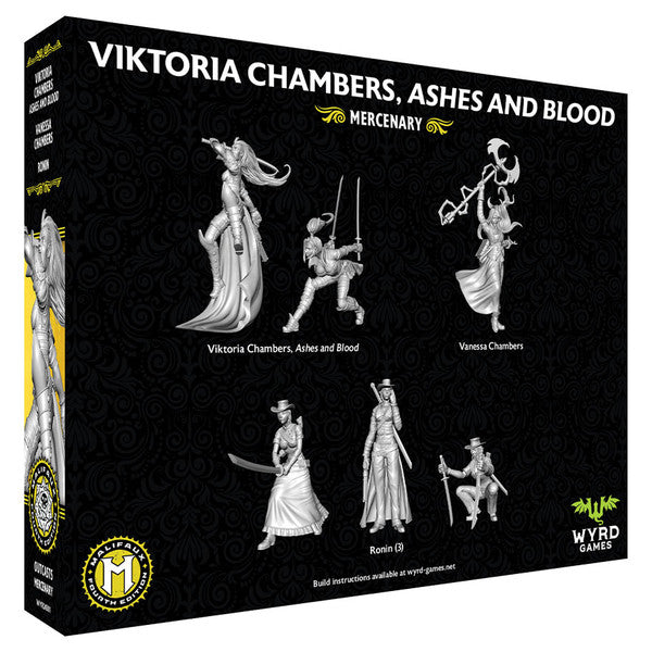 Malifaux 4th Edition: Viktoria Chambers, Ashes and Blood (PREORDER) - Black box packaging featuring five gray plastic miniatures of Victorian-era characters with detailed clothing and weapons.
