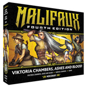 Malifaux 4th Edition: Viktoria Chambers, Ashes and Blood (PREORDER) - Malifaux 4th Edition box featuring detailed fantasy miniatures of Viktoria Chambers armed with weapons, dressed in brown,.
