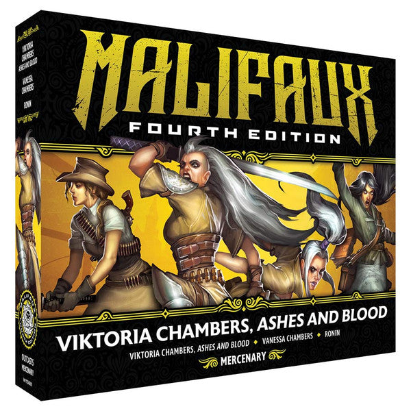 Malifaux 4th Edition: Viktoria Chambers, Ashes and Blood (PREORDER) - Malifaux 4th Edition box featuring detailed fantasy miniatures of Viktoria Chambers armed with weapons, dressed in brown,.