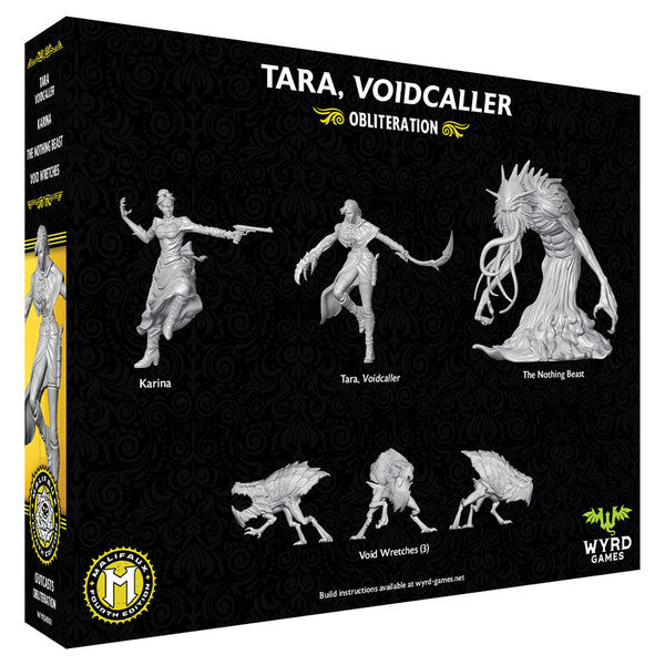 Malifaux 4th Edition: Tara, Voidcaller - Black box packaging featuring white and gray miniatures of three humanoid figures and three spider-like creatures for a.