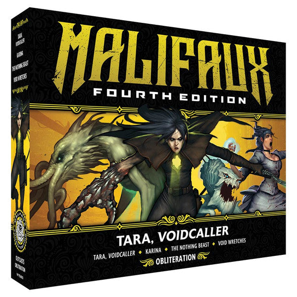 Malifaux 4th Edition: Tara, Voidcaller - Black and gold Malifaux 4th Edition box featuring Tara, Voidcaller character art with dark-haired female and mystical.