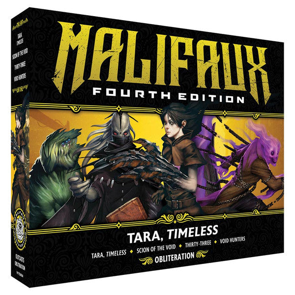 Malifaux 4th Edition: Tara, Timeless - Malifaux 4th Edition box featuring dynamic fantasy artwork with dark armored figure, woman in cloak, and mystical creatures.