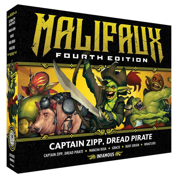 Malifaux 4th Edition: Captain Zipp, Dread Pirate (PREORDER) - Malifaux 4th Edition Captain Zipp Dread Pirate boxed miniature set with vibrant fantasy pirate characters on cover art.