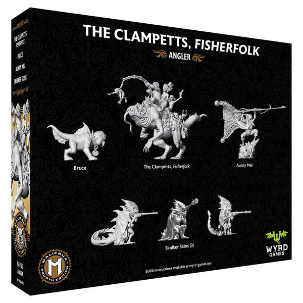 Malifaux 4th Edition: The Clampetts, Fisherfolk (PREORDER) - Malifaux 4th Edition Clampetts Fisherfolk unpainted resin miniatures set with detailed angler designs on black box packaging.
