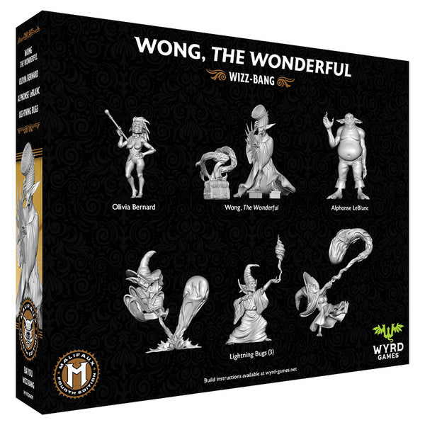 Malifaux 4th Edition: Wong, The Wonderful - Black box featuring six detailed gray resin miniatures of fantasy characters with names below each figure from Malifaux 4th.