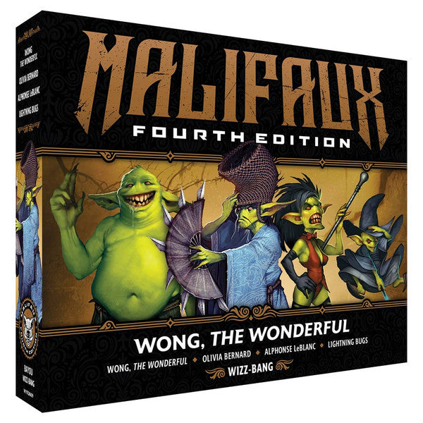 Malifaux 4th Edition: Wong, The Wonderful - Boxed Malifaux 4th Edition miniature set featuring colorful fantasy characters in dynamic poses on cover art.