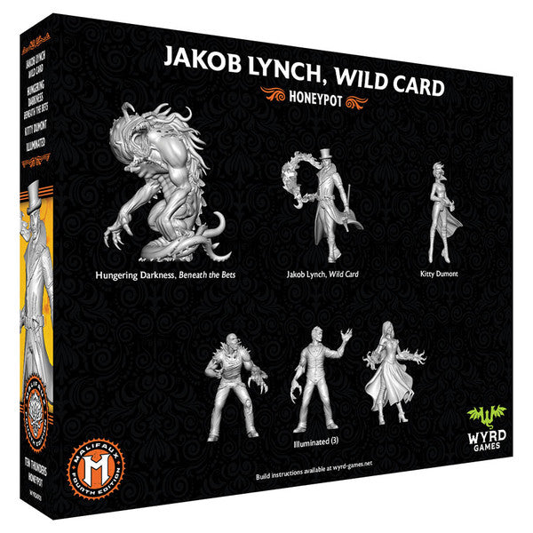 Malifaux 4th Edition: Jakob Lynch, Wild Card (PREORDER) - Black box featuring silver detailed images of six Malifaux miniatures including monstrous creatures and humanoid figures,.
