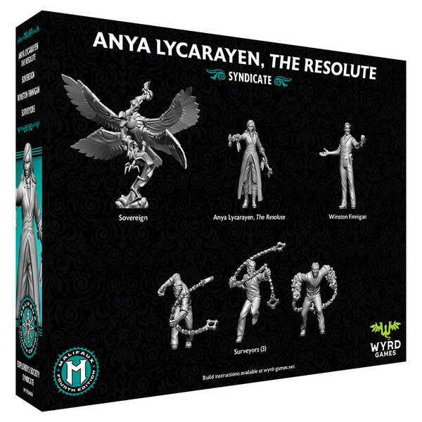 Malifaux 4th Edition: Ana Lycarayen, The Resolute - Box set featuring five detailed gray resin fantasy miniatures including a soaring winged figure, two armored warriors with.