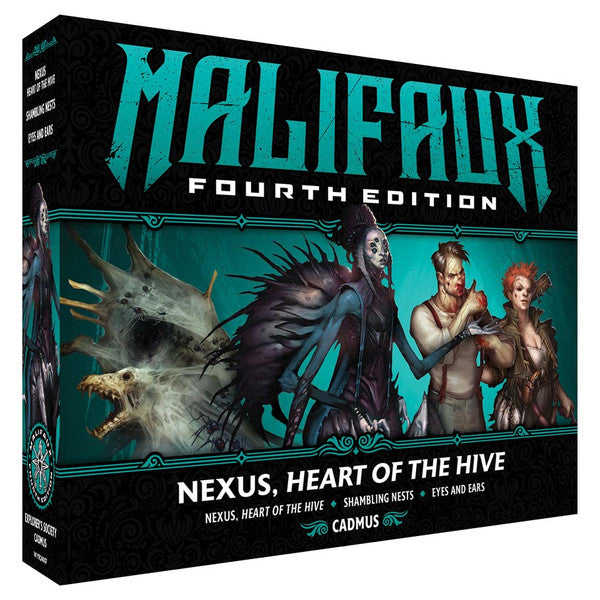 Malifaux 4th Edition: Nexus, Heart of the Hive (PREORDER) - Malifaux Fourth Edition game box featuring dark fantasy artwork with shadowy figures and bold teal lettering.