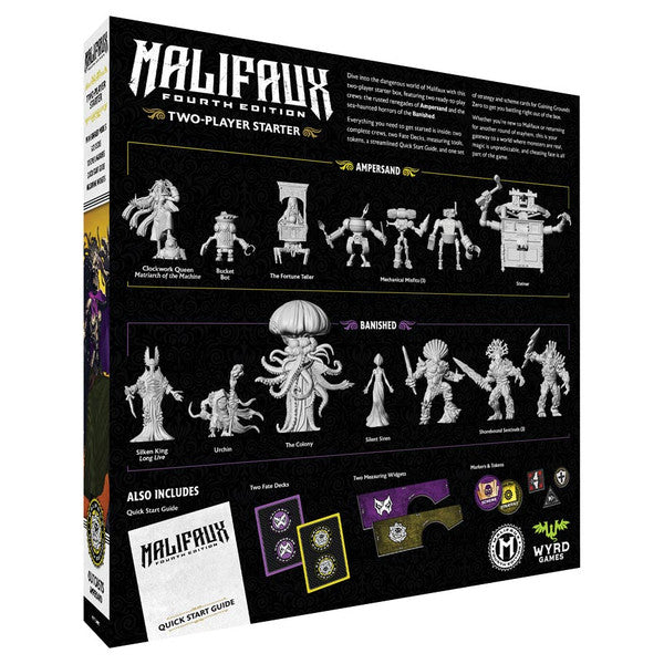 Malifaux 4th Edition: Two‑Player Starter - Black gaming box featuring detailed white miniature figures and illustrated game cards for Malifaux 4th Edition Two-Player.