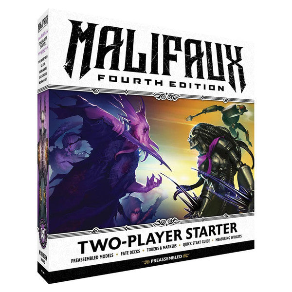 Malifaux 4th Edition: Two‑Player Starter - Malifaux Fourth Edition Two-Player Starter box with dark fantasy art featuring two miniature warriors facing a large purple.