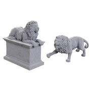 Pathfinder Battles Deep Cuts: Stone Lion/Animated Stone Lion - Two stone lion miniatures in light gray, one reclining on a rectangular pedestal, the other standing with a detailed mane.