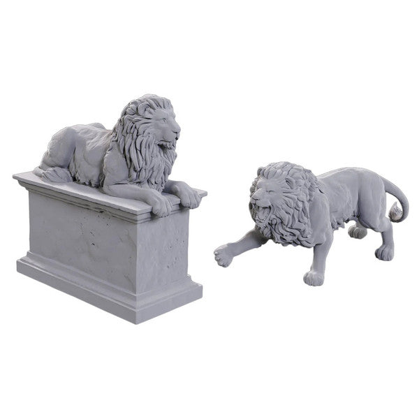 Pathfinder Battles Deep Cuts: Stone Lion/Animated Stone Lion - Two stone lion miniatures in light gray, one reclining on a rectangular pedestal, the other standing with a detailed mane.