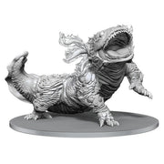 D&D Nolzur's Marvelous Miniatures: Tlexolotl - Gray unpainted resin miniature of a lizard-like creature with a wide open mouth and textured, scaly skin on a round base.