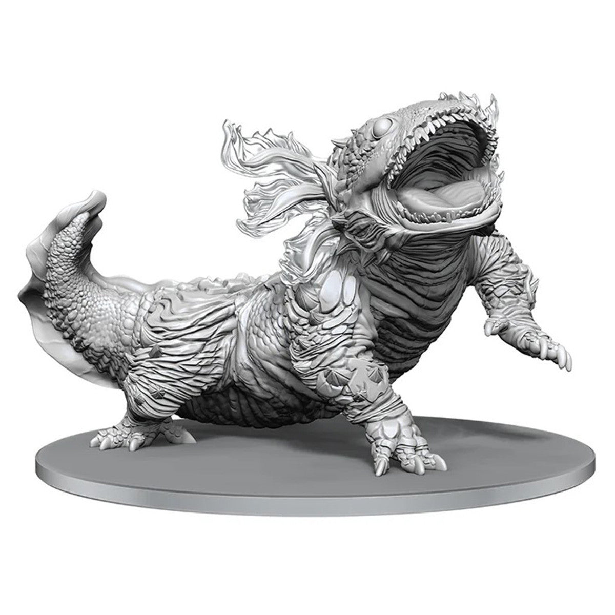 D&D Nolzur's Marvelous Miniatures: Tlexolotl - Gray unpainted resin miniature of a lizard-like creature with a wide open mouth and textured, scaly skin on a round base.