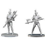 Pathfinder Battles Deep Cuts: Clockwork Warriors - Two unpainted silver miniatures of armored warriors holding large polearms, standing on round bases.