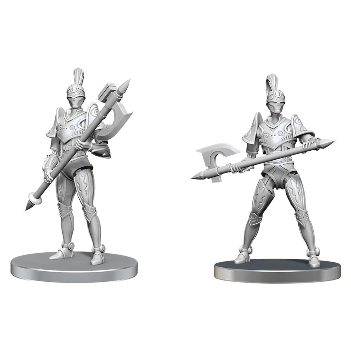 Pathfinder Battles Deep Cuts: Clockwork Warriors - Two unpainted silver miniatures of armored warriors holding large polearms, standing on round bases.