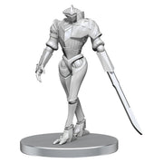 Pathfinder Battles Deep Cuts: Automaton - Silver robotic miniature with humanoid form, angular armor plating, and a large sword on a round base.