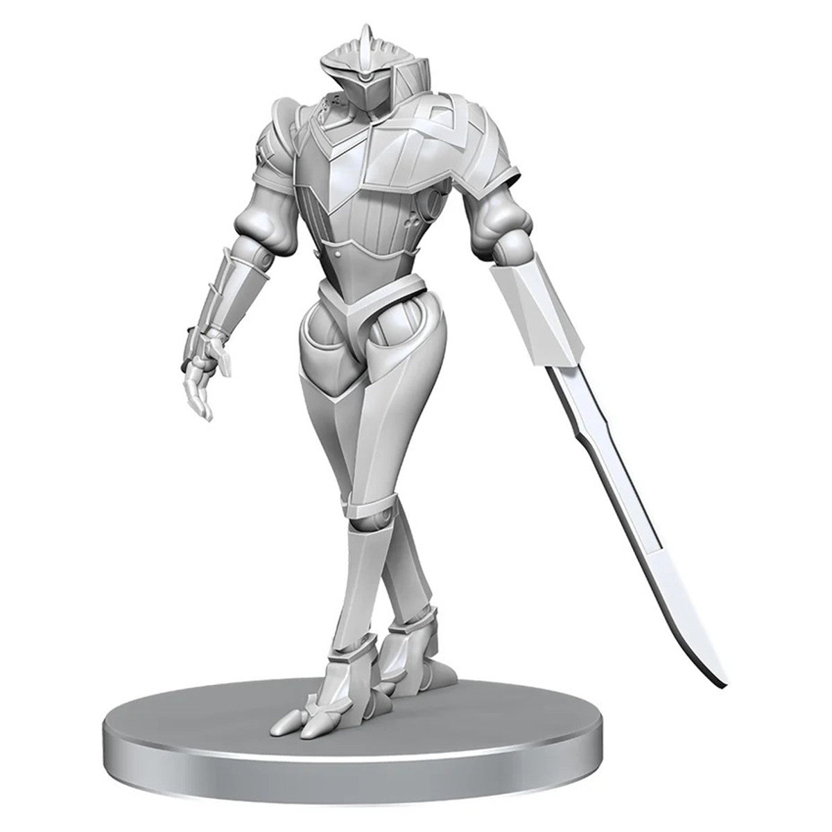 Pathfinder Battles Deep Cuts: Automaton - Silver robotic miniature with humanoid form, angular armor plating, and a large sword on a round base.