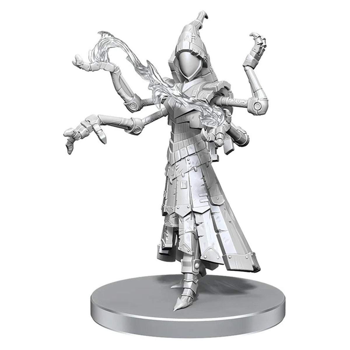 Pathfinder Battles Deep Cuts: Clockwork Mage - Unpainted metallic miniature of a mechanical mage with a detailed segmented cloak and multiple articulated mechanical arms.