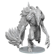 Pathfinder Battles Deep Cuts: Leukodaemon - Gray detailed miniature of a muscular, monstrous creature with a skull-like head and large feathered wings, standing on a.