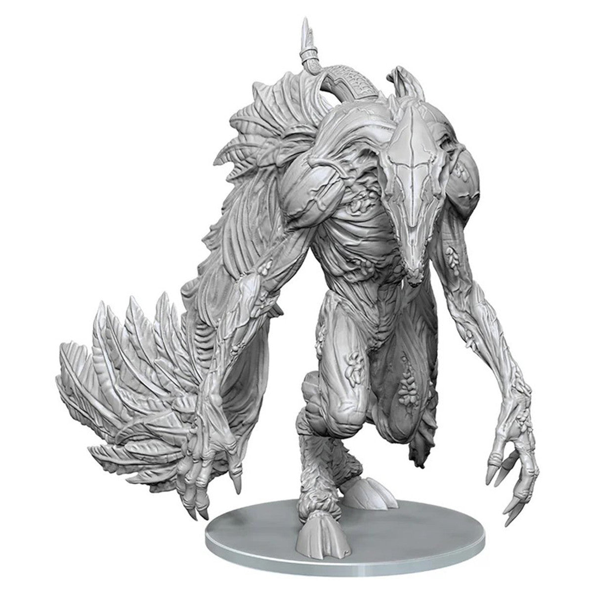Pathfinder Battles Deep Cuts: Leukodaemon - Gray detailed miniature of a muscular, monstrous creature with a skull-like head and large feathered wings, standing on a.