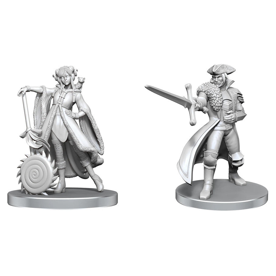 Critical Role Unpainted Miniatures: Jester Lavorre & Fjord Stone - Unpainted gray resin miniatures of two fantasy characters, one with flowing robes and a mechanical arm, the other holding a.