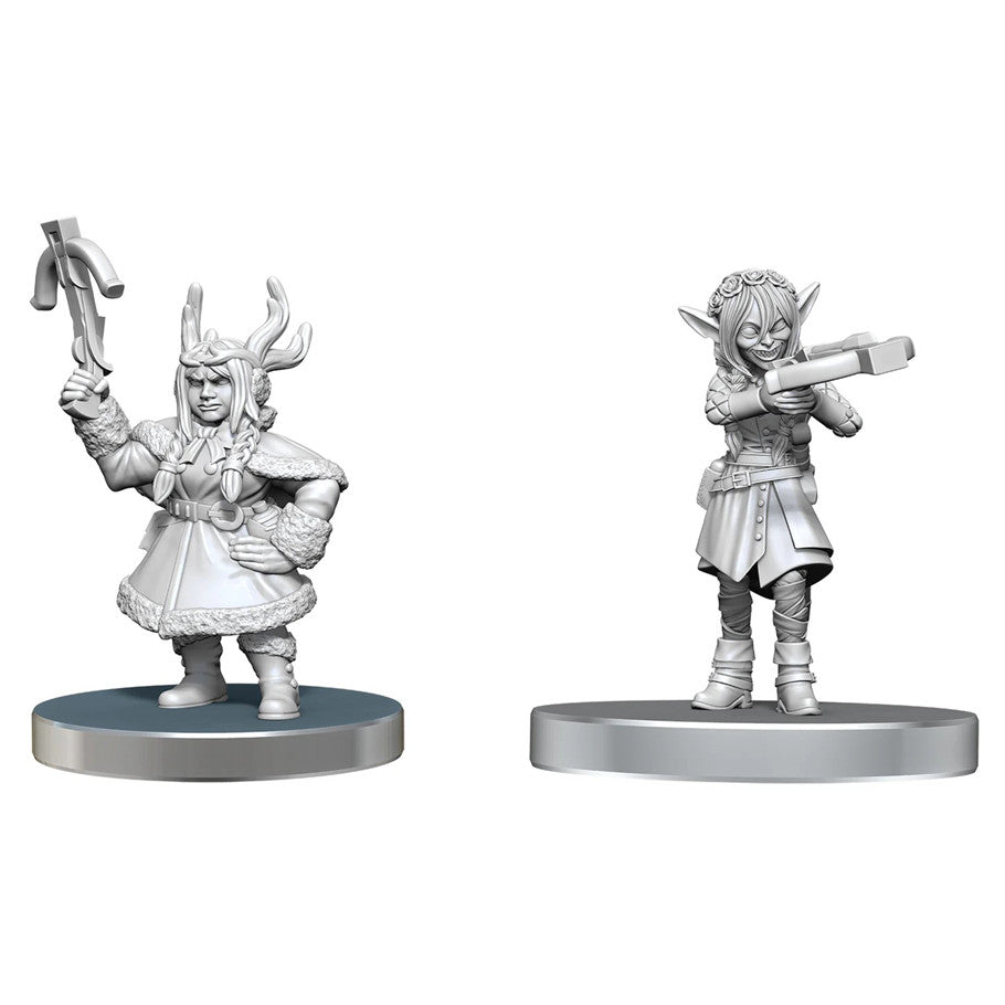Critical Role Unpainted Miniatures: Veth Brenatto & Nott the Brave - Unpainted gray resin miniatures of a horned warrior with an axe and a small robed figure aiming a crossbow.