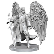 Critical Role Unpainted Miniatures: Yasha Nydoorin - Unpainted grey resin miniature of a winged female warrior holding a large sword, wearing a long coat and a beanie hat.