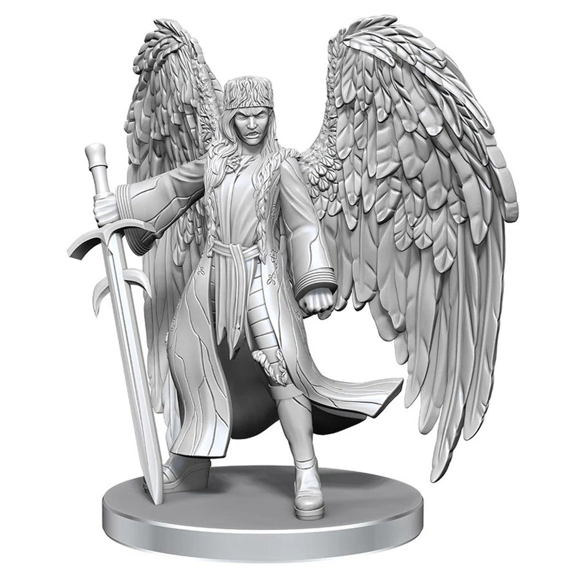 Critical Role Unpainted Miniatures: Yasha Nydoorin - Unpainted grey resin miniature of a winged female warrior holding a large sword, wearing a long coat and a beanie hat.