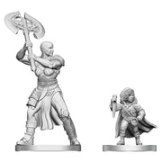 D&D Nolzur's Marvelous Miniatures: Goliath Barbarian & Halfling Rogue - Unpainted resin miniatures of a muscular Goliath Barbarian wielding a large double-headed axe and a small Halfling Rogue.