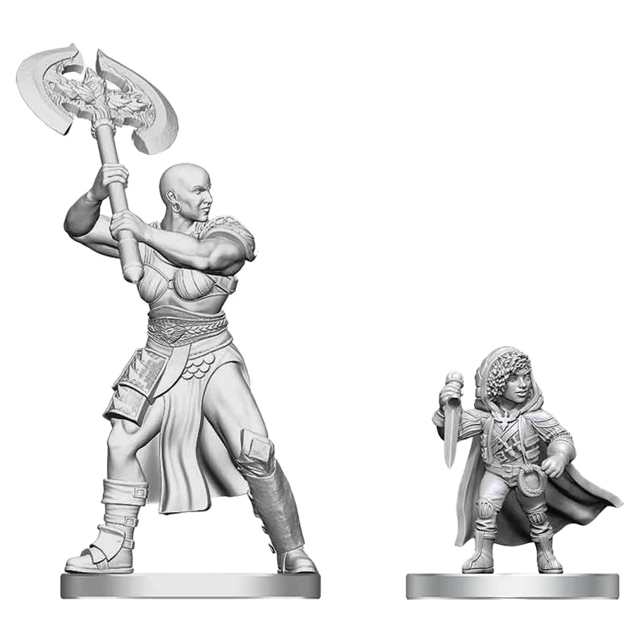 D&D Nolzur's Marvelous Miniatures: Goliath Barbarian & Halfling Rogue - Unpainted resin miniatures of a muscular Goliath Barbarian wielding a large double-headed axe and a small Halfling Rogue.