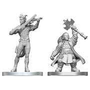 D&D Nolzur's Marvelous Miniatures: Tiefling Bard & Dwarf Cleric - Unpainted gray resin miniatures of a horned tiefling bard playing a lute and a bearded dwarf cleric wielding a large axe.