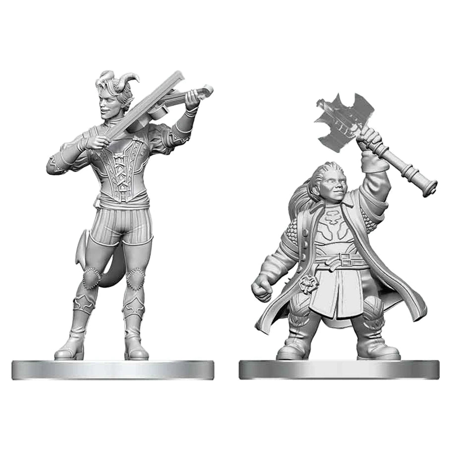 D&D Nolzur's Marvelous Miniatures: Tiefling Bard & Dwarf Cleric - Unpainted gray resin miniatures of a horned tiefling bard playing a lute and a bearded dwarf cleric wielding a large axe.