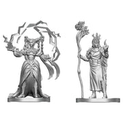 D&D Nolzur's Marvelous Miniatures: Human Druid & Elf Sorcerer - Unpainted gray plastic miniatures of a human druid with a leafy staff and an elf sorcerer casting a spell with flowing robes