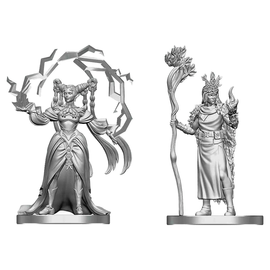 D&D Nolzur's Marvelous Miniatures: Human Druid & Elf Sorcerer - Unpainted gray plastic miniatures of a human druid with a leafy staff and an elf sorcerer casting a spell with flowing robes