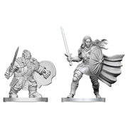 D&D Nolzur's Marvelous Miniatures: Dwarf Fighter & Orc Paladin - Unpainted gray plastic miniatures of a dwarf fighter with an axe and round shield, and an orc paladin with a sword, shield,.