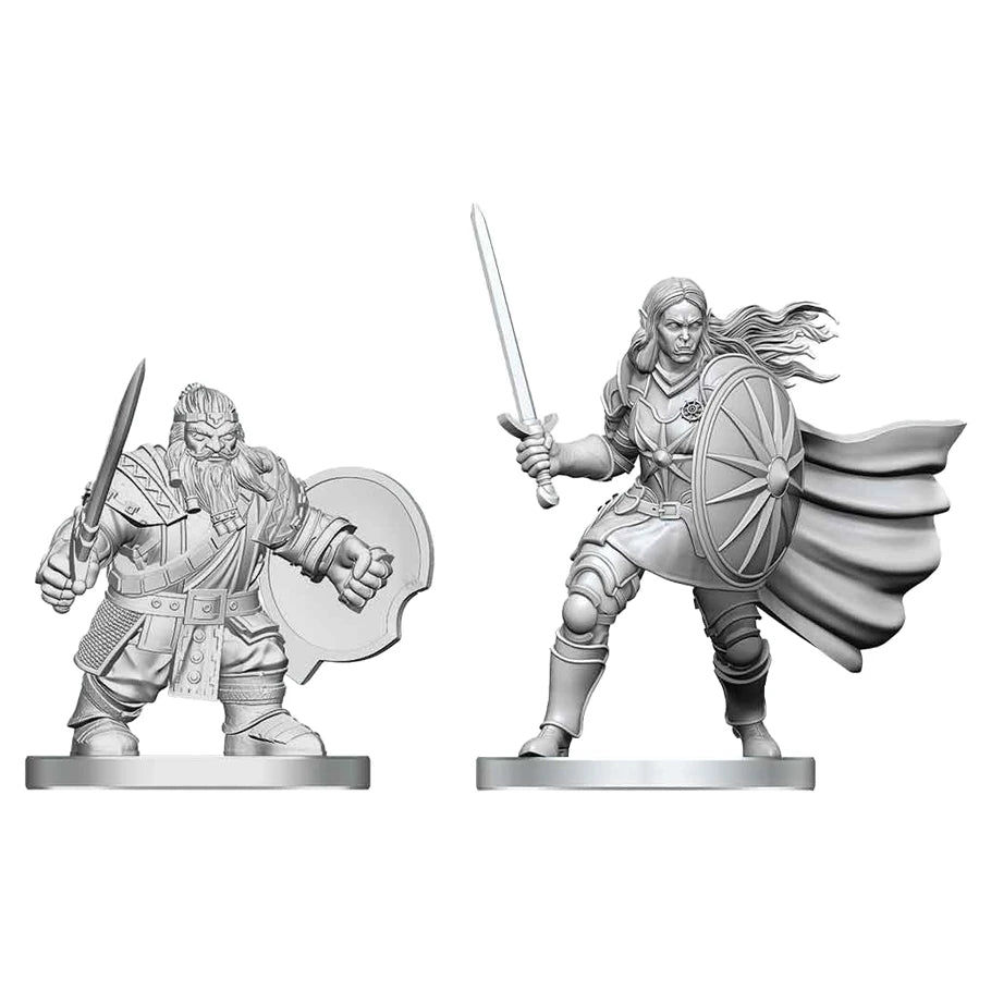D&D Nolzur's Marvelous Miniatures: Dwarf Fighter & Orc Paladin - Unpainted gray plastic miniatures of a dwarf fighter with an axe and round shield, and an orc paladin with a sword, shield,.