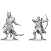 D&D Nolzur's Marvelous Miniatures: Elf Ranger & Dragonborn Monk - A dragonborn monk with a tail and armor, and an elf ranger aiming a bow and arrow.
