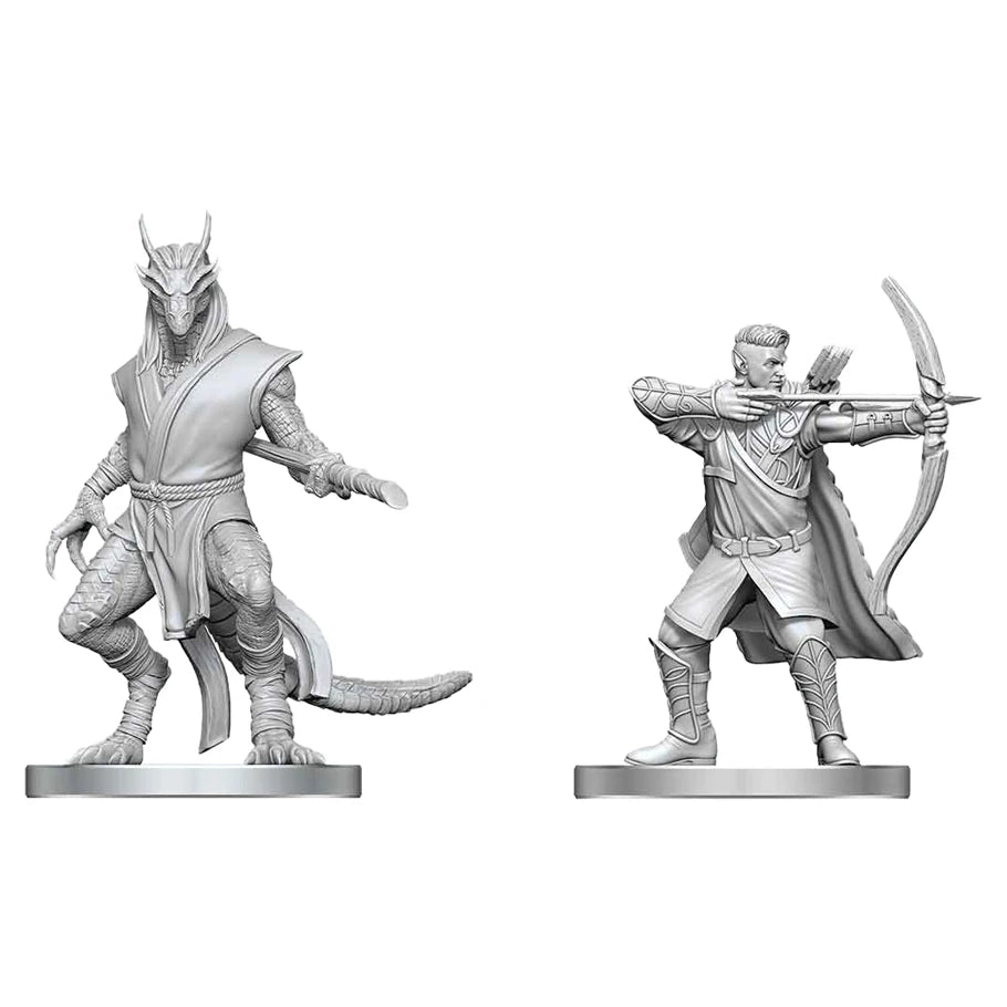 D&D Nolzur's Marvelous Miniatures: Elf Ranger & Dragonborn Monk - A dragonborn monk with a tail and armor, and an elf ranger aiming a bow and arrow.