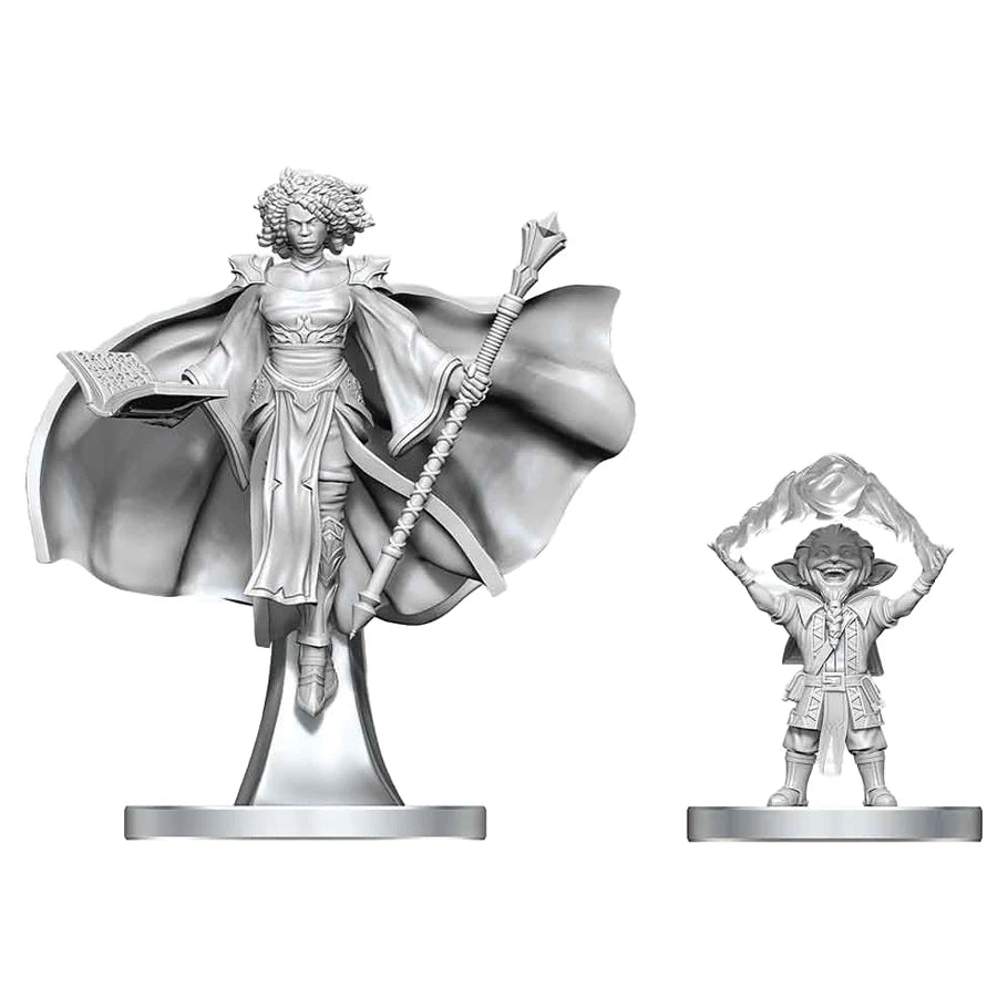 D&D Nolzur's Marvelous Miniatures: Gnome Warlock & Aasimar Wizard - Unpainted grey plastic miniatures of a robed aasimar wizard with flowing cape and staff, and a gnome warlock with raised.