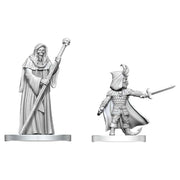 D&D Nolzur's Marvelous Miniatures: Cultist of Bhaal & Cultist of Myrkul - Two unpainted gray plastic miniatures, one a robed cultist holding a staff topped with a skull, the other a cloaked warrior.