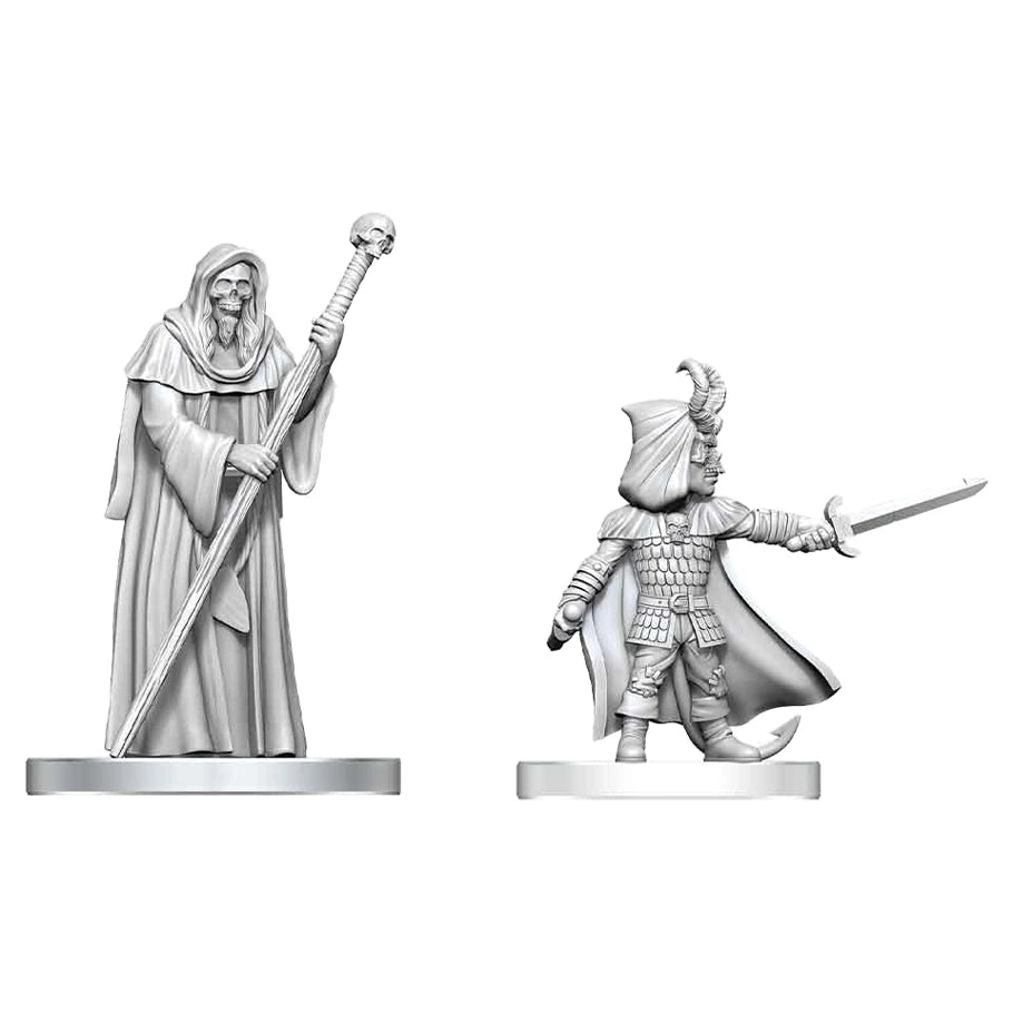 D&D Nolzur's Marvelous Miniatures: Cultist of Bhaal & Cultist of Myrkul - Two unpainted gray plastic miniatures, one a robed cultist holding a staff topped with a skull, the other a cloaked warrior.